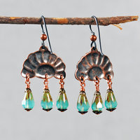 Copper Rising Sun Earrings, Czech Glass Dangles