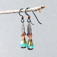 Copper Rising Sun Earrings, Czech Glass Dangles