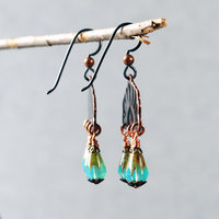 Copper Rising Sun Earrings, Czech Glass Dangles