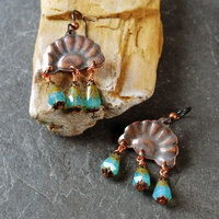 Copper Rising Sun Earrings, Czech Glass Dangles