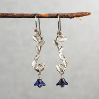 Long Silver Earrings with Leaves, Blue Czech Glass Flowers