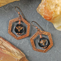 Copper Honeycomb Earrings, Czech Glass Bee Bead