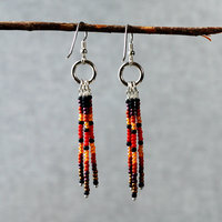 Silver earrings with red, brown, black dangles