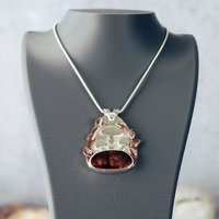 Fire Agate Pendant with Mushrooms, Copper Leaves