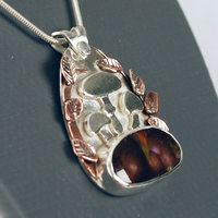 Fire Agate Pendant with Mushrooms, Copper Leaves
