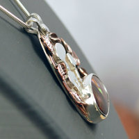 Fire Agate Pendant with Mushrooms, Copper Leaves