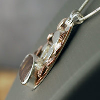 Fire Agate Pendant with Mushrooms, Copper Leaves
