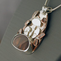 Fire Agate Pendant with Mushrooms, Copper Leaves