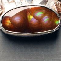 Fire Agate Pendant with Mushrooms, Copper Leaves