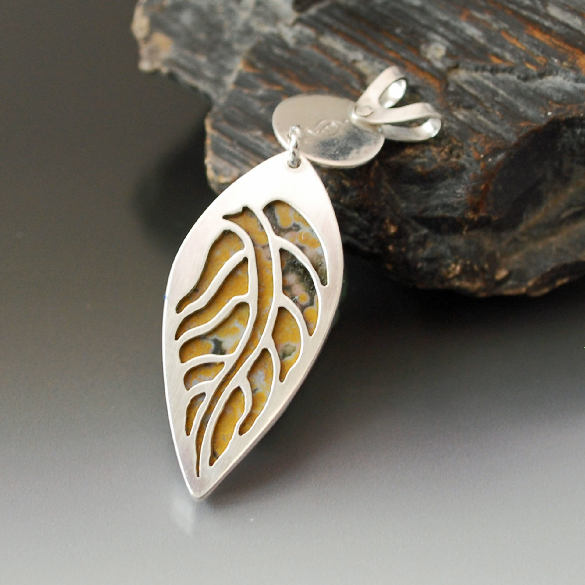Silver Ocean Jasper Pendant with Peridot, Leaf Cut-Out