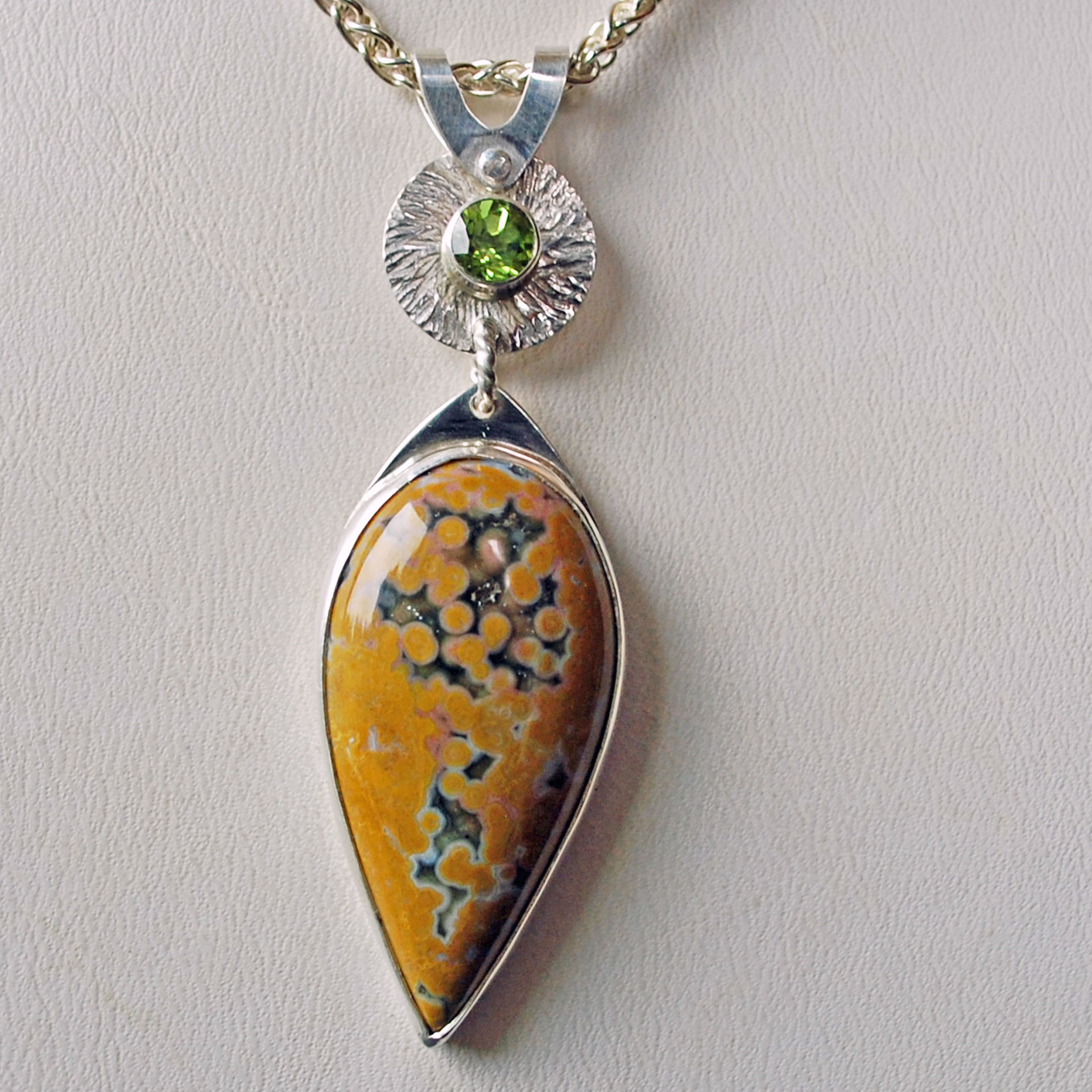 Silver Ocean Jasper Pendant with Peridot, Leaf Cut-Out
