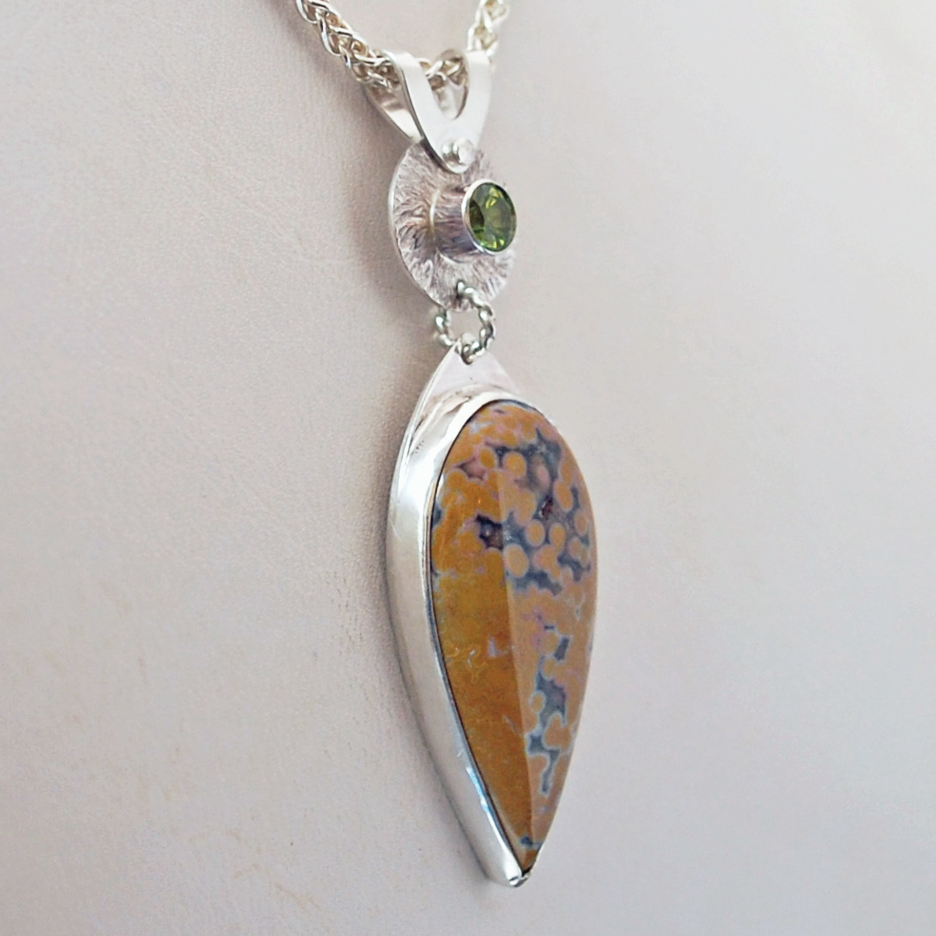 Silver Ocean Jasper Pendant with Peridot, Leaf Cut-Out