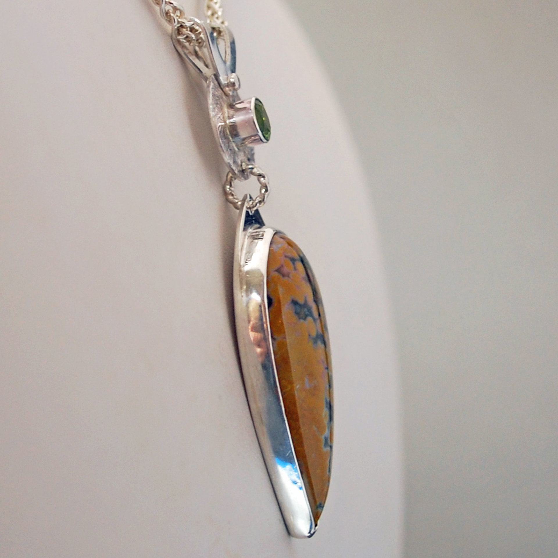 Silver Ocean Jasper Pendant with Peridot, Leaf Cut-Out