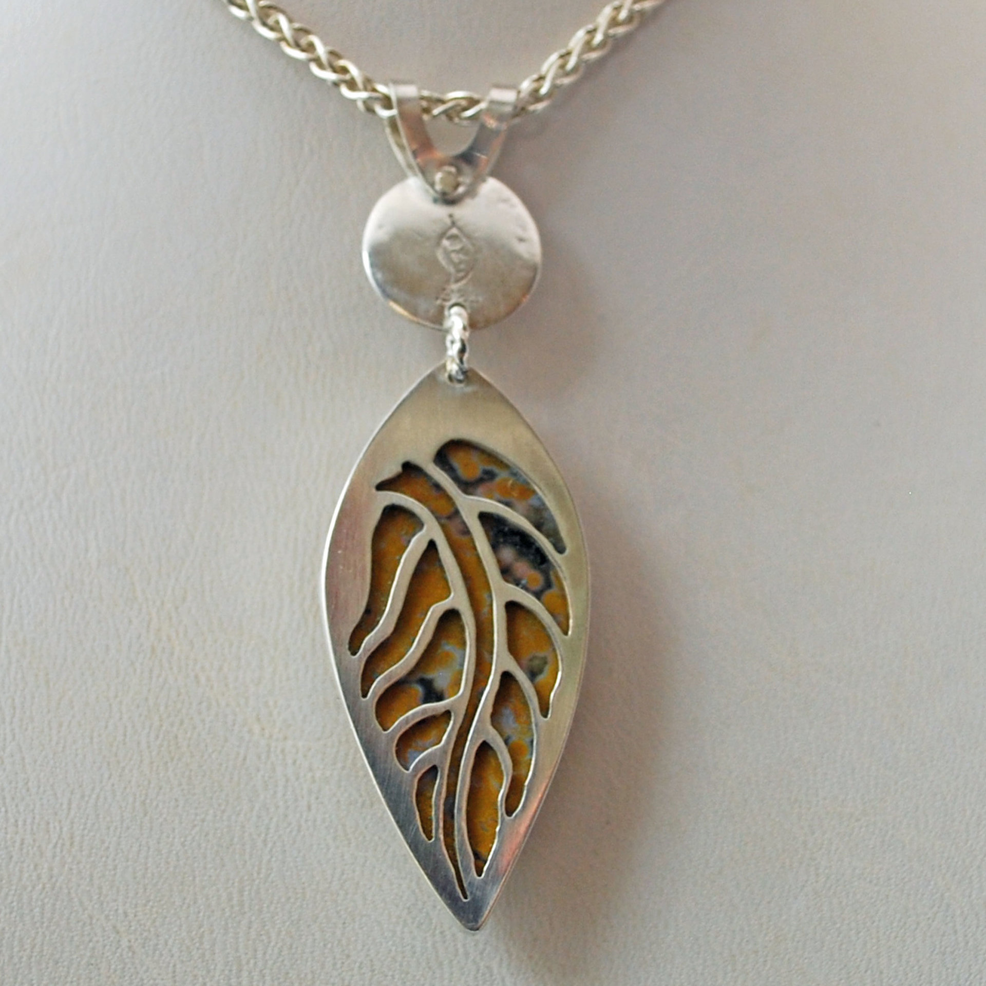 Silver Ocean Jasper Pendant with Peridot, Leaf Cut-Out