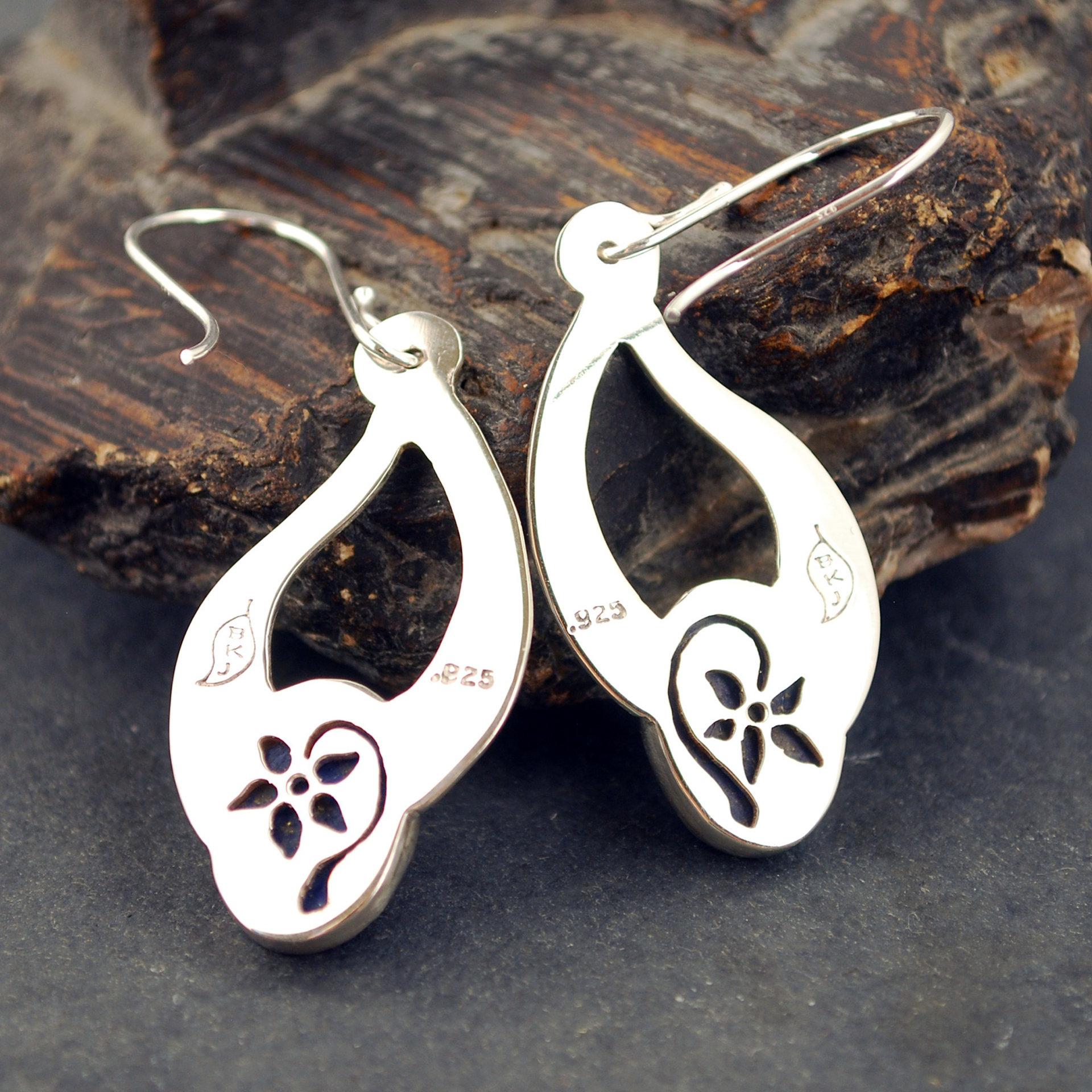 Sterling Silver Lapis Lazuli Earrings, Flower Cut-Outs