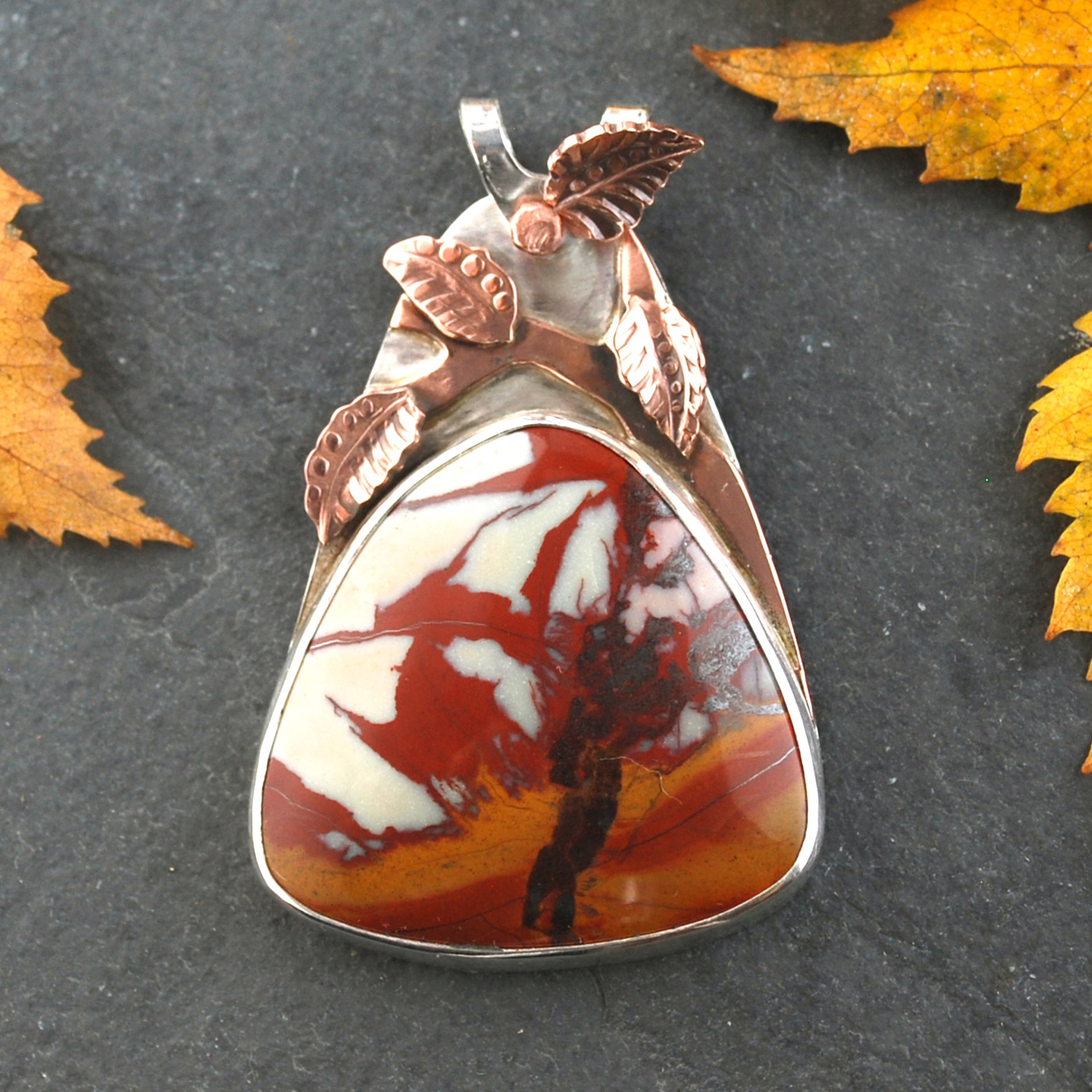 Desert Fire Jasper Pendant, Silver and Copper Leaves