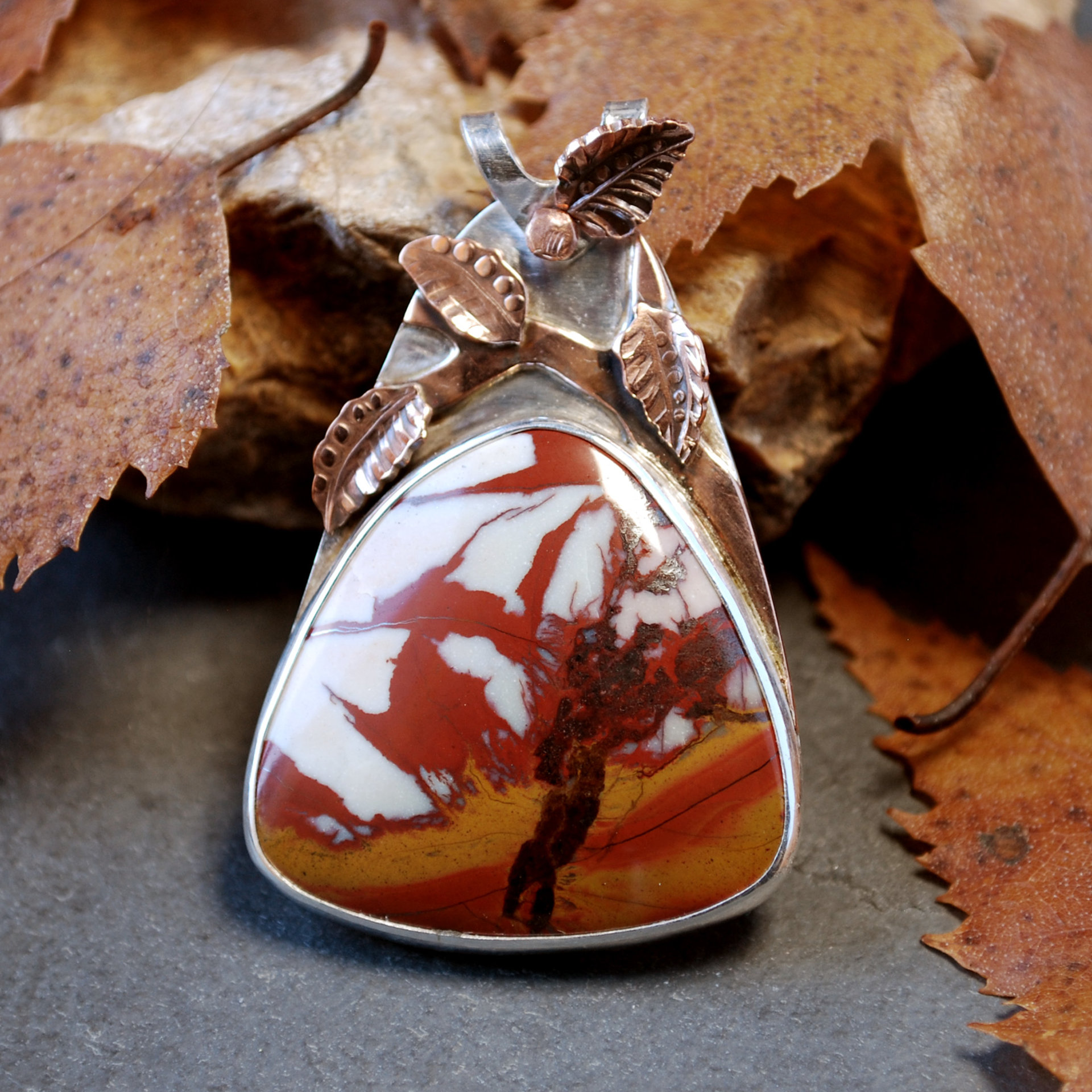 Desert Fire Jasper Pendant, Silver and Copper Leaves