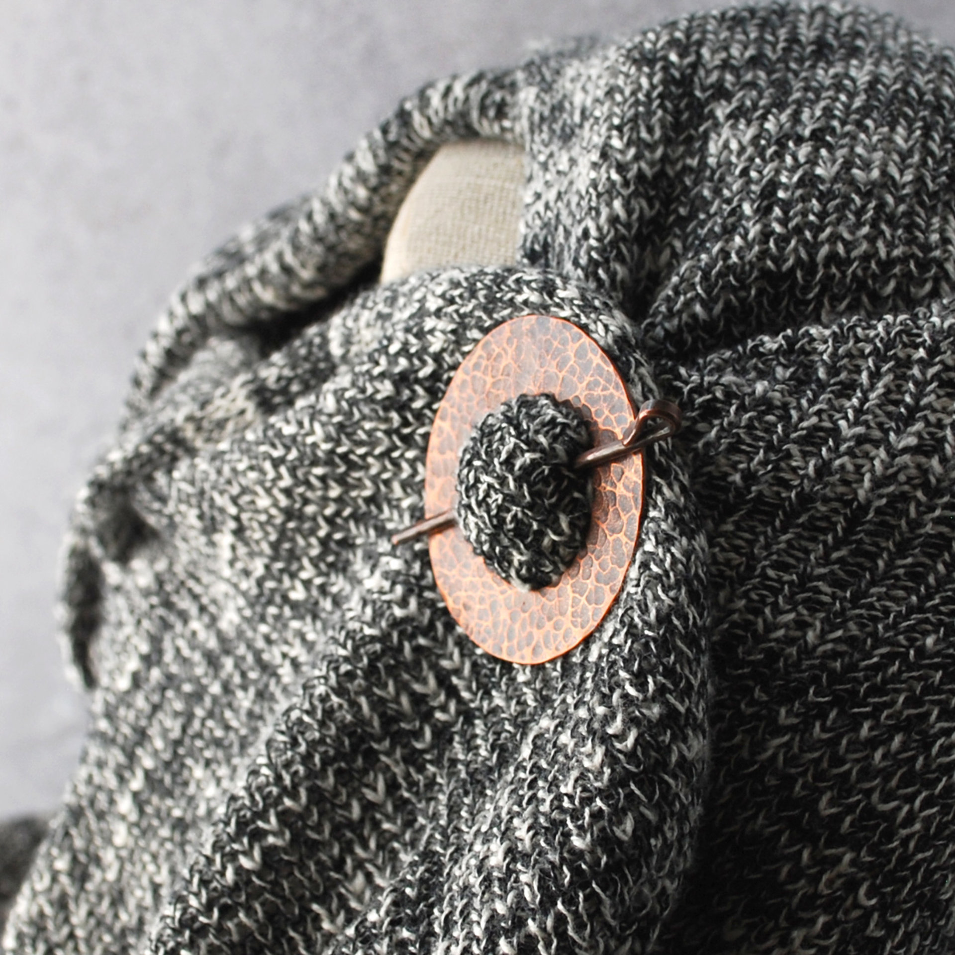 Rustic Hammered Copper Shawl Pin on scarf angle