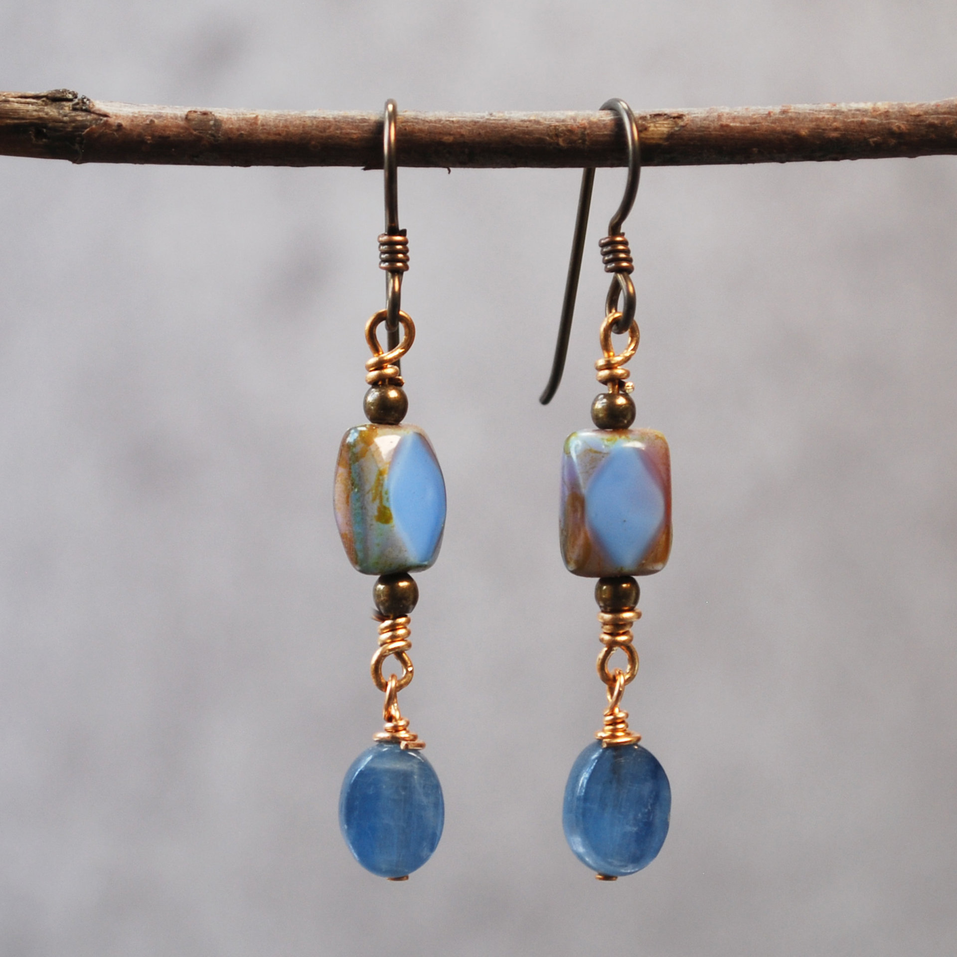 Kyanite, Czech Glass and Bronze Earrings hanging