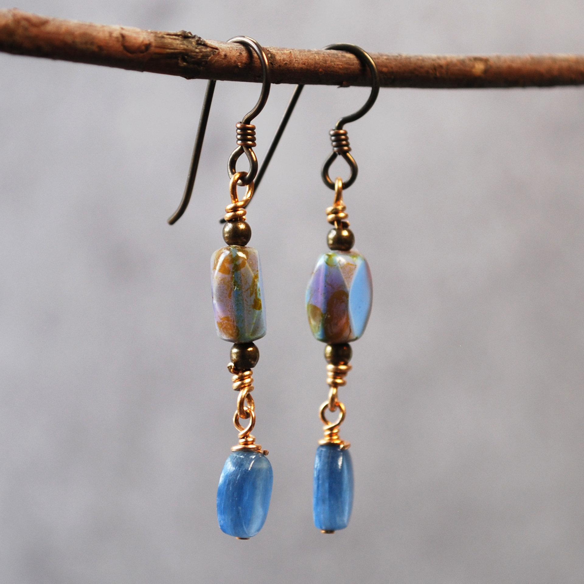 Kyanite, Czech Glass and Bronze Earrings hanging
