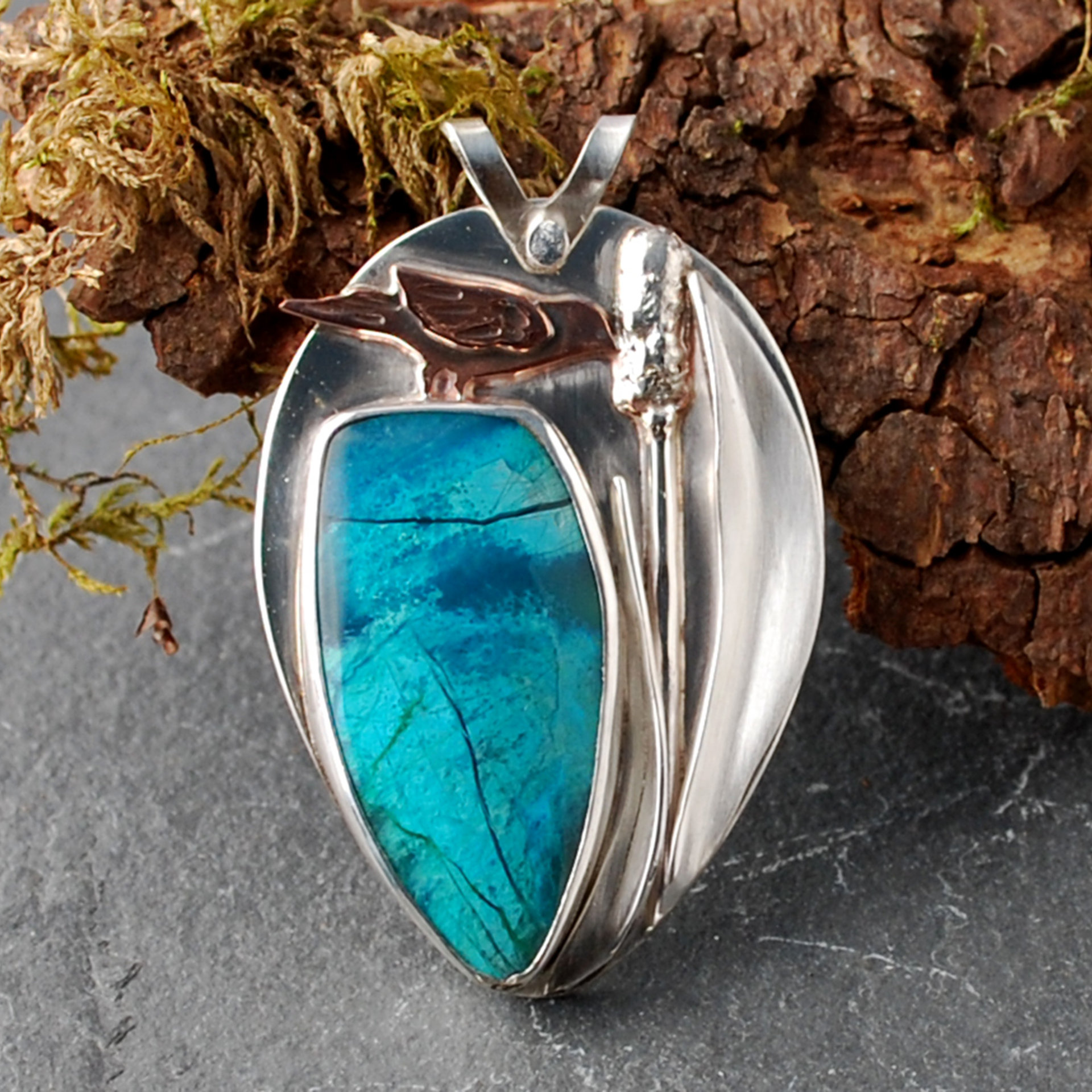 Chrysocolla Pendant with Bird and Cattail