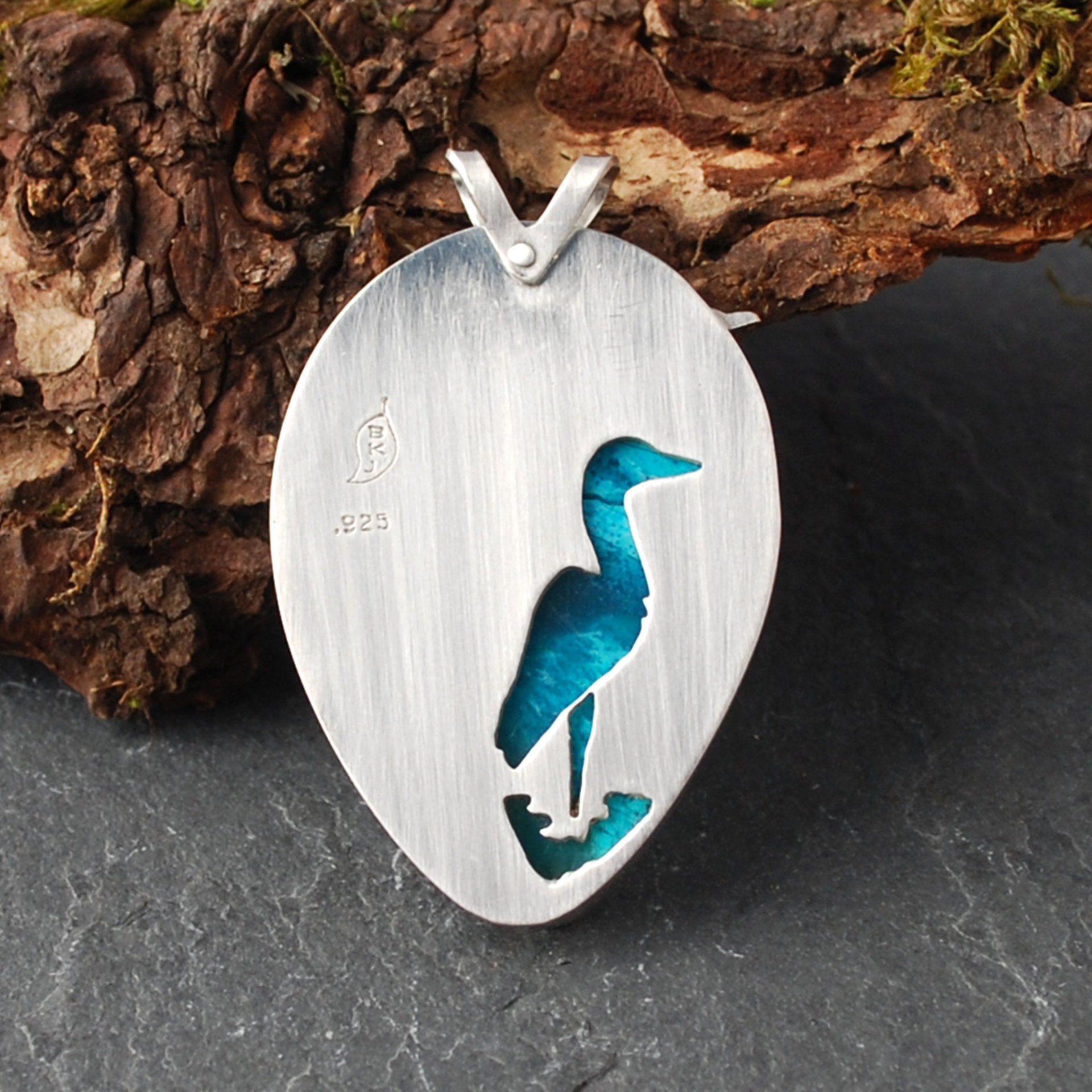 Chrysocolla Pendant with Bird and Cattail back