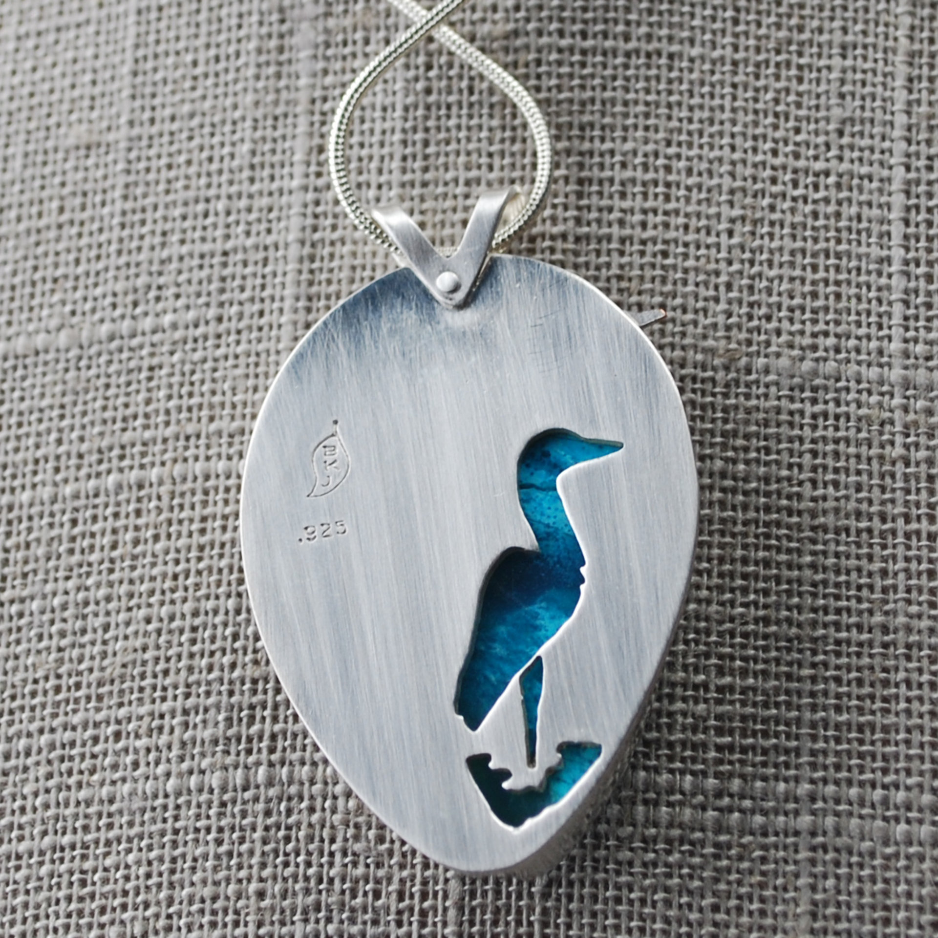 Chrysocolla Pendant with Bird and Cattail close-up back