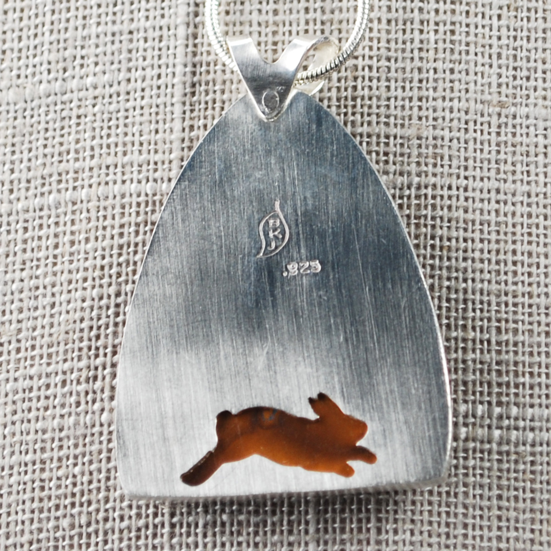 Boulder Opal Pendant with Rabbits, Tree closeup back