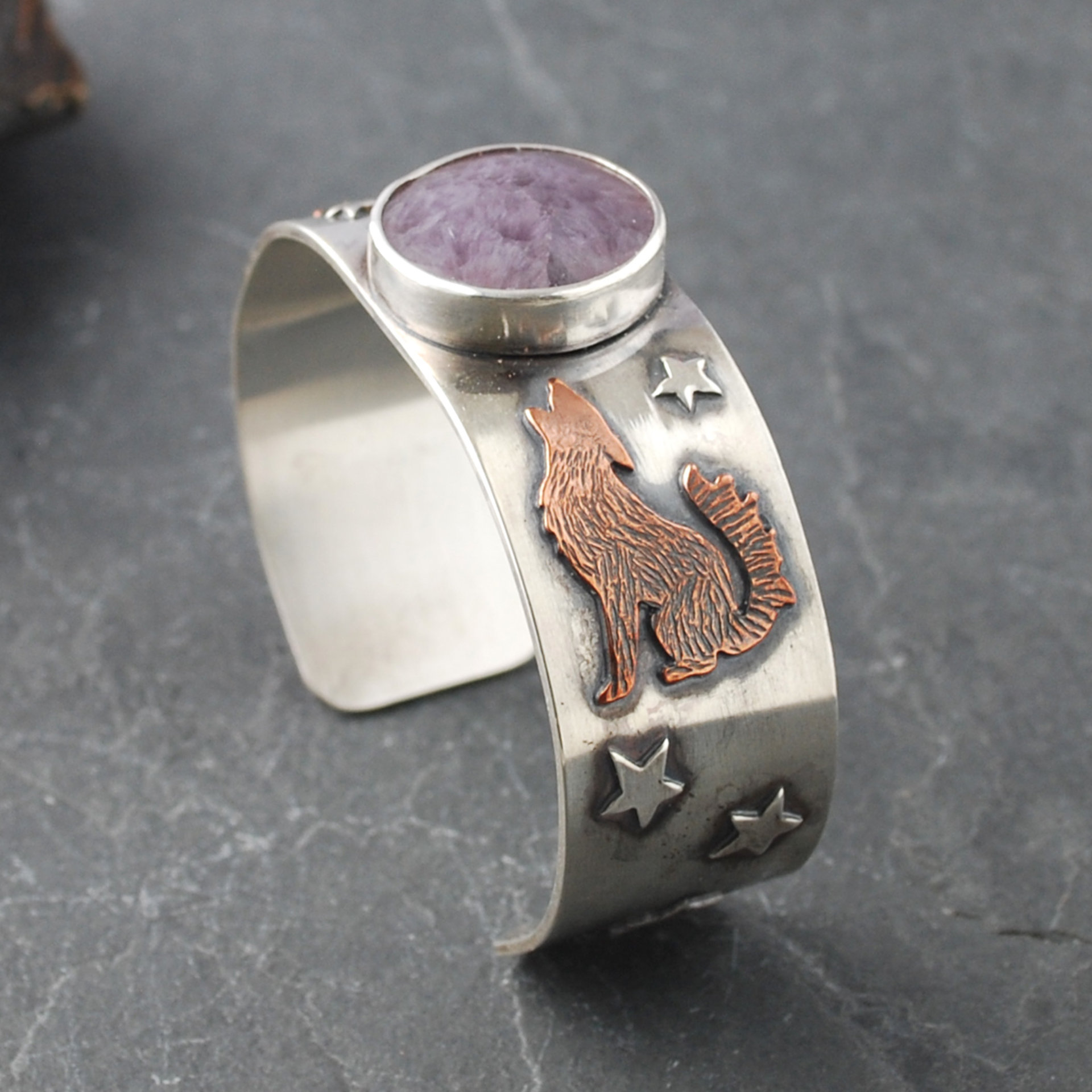 Silver Cuff with Fluroite, Coyotes, Wolves, Stars