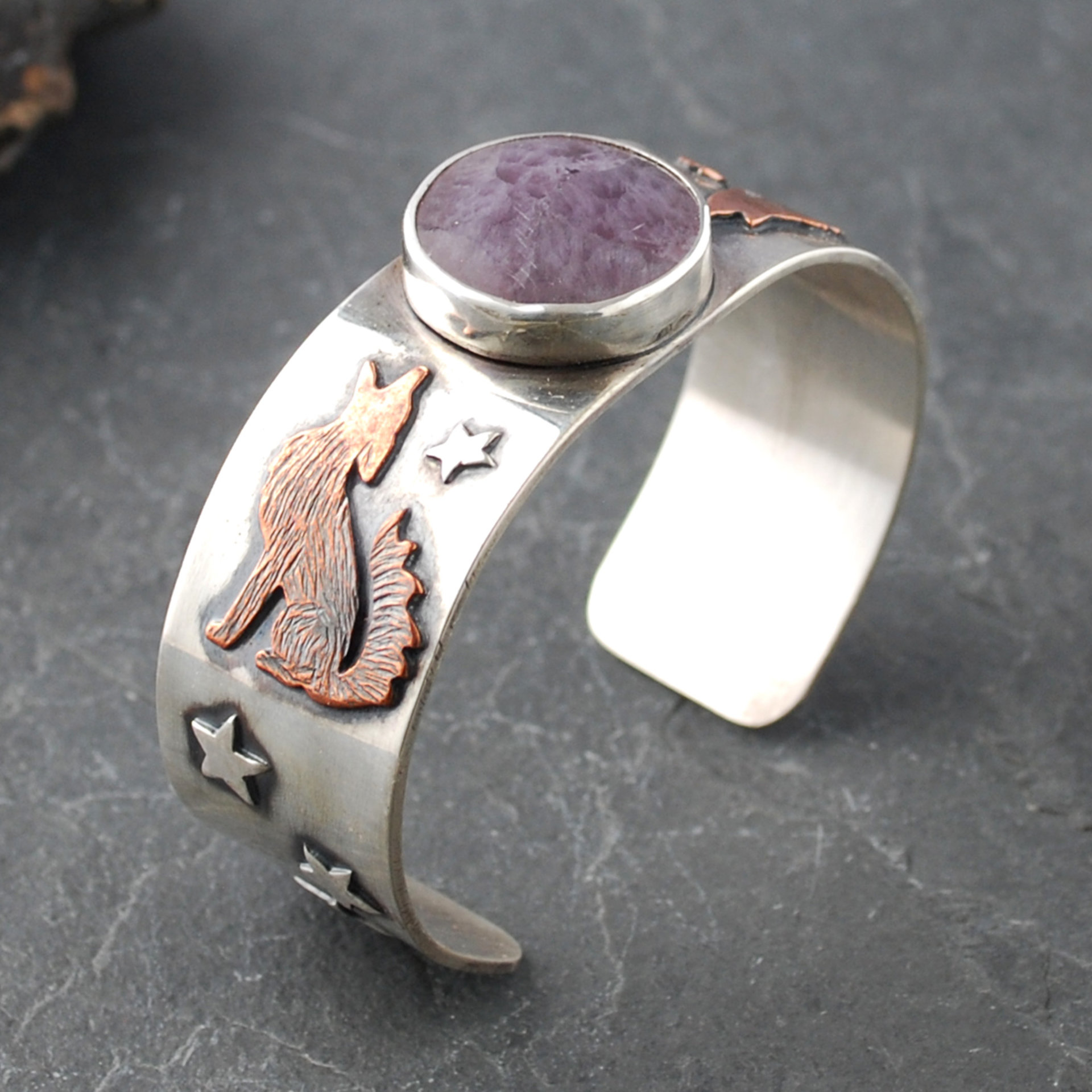 Silver Cuff with Fluroite, Coyotes, Wolves, Stars
