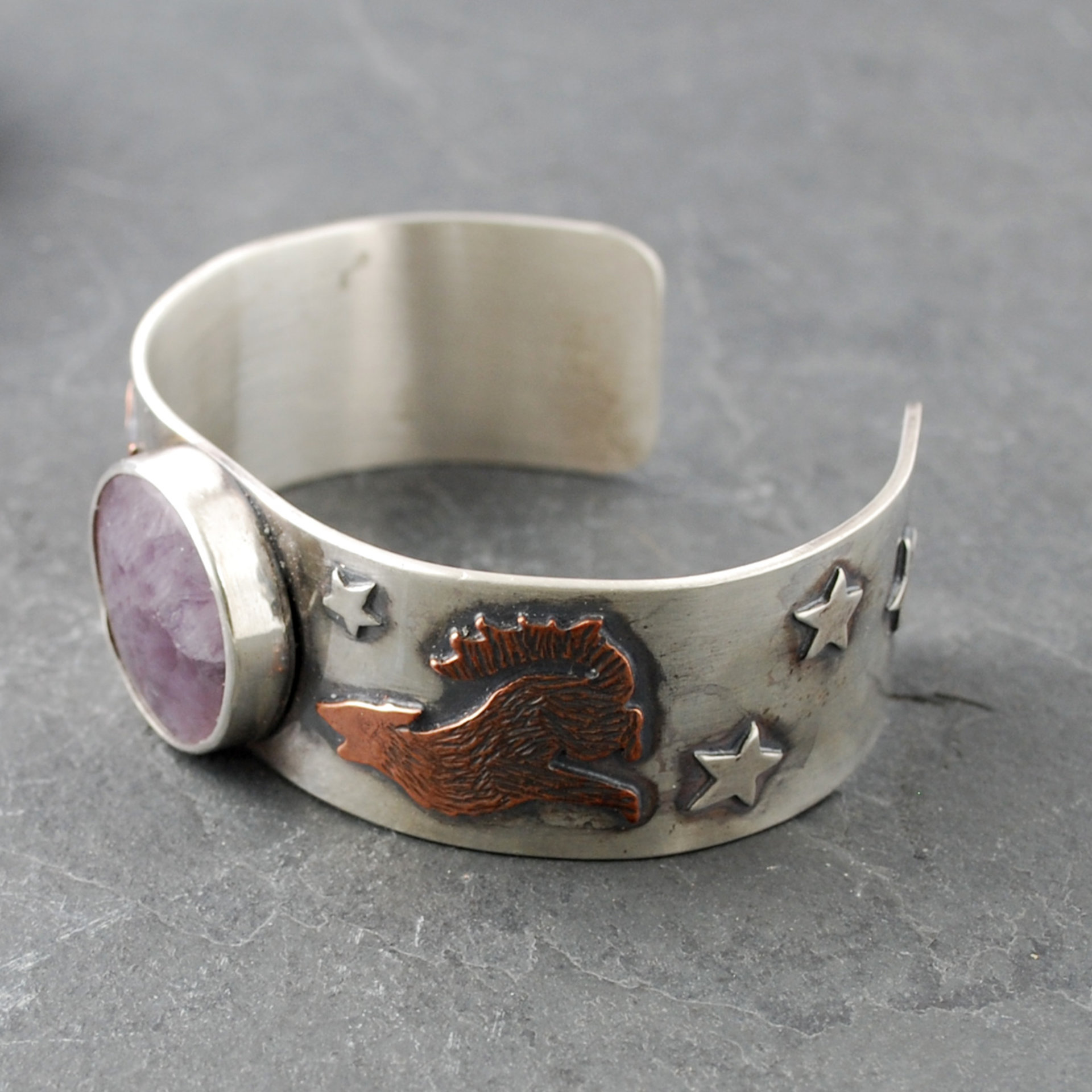 Silver Cuff with Fluroite, Coyotes, Wolves, Stars