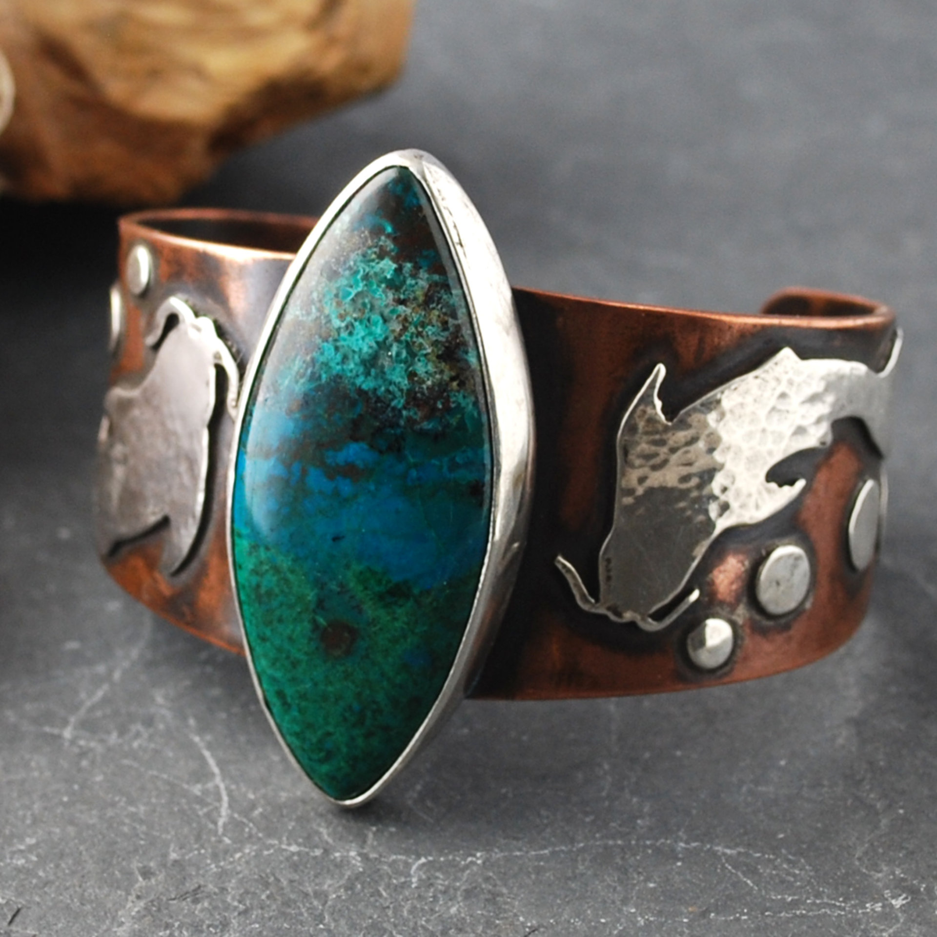Copper Cuff with Chrysocolla, Malachite, Silver Koi