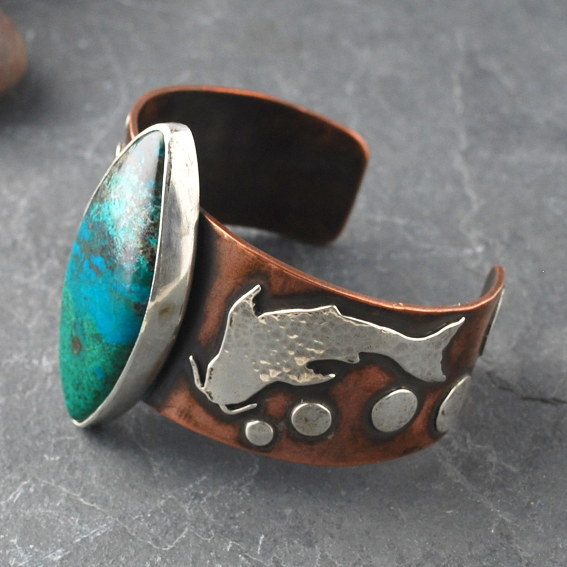 Copper Cuff with Chrysocolla, Malachite, Silver Koi side
