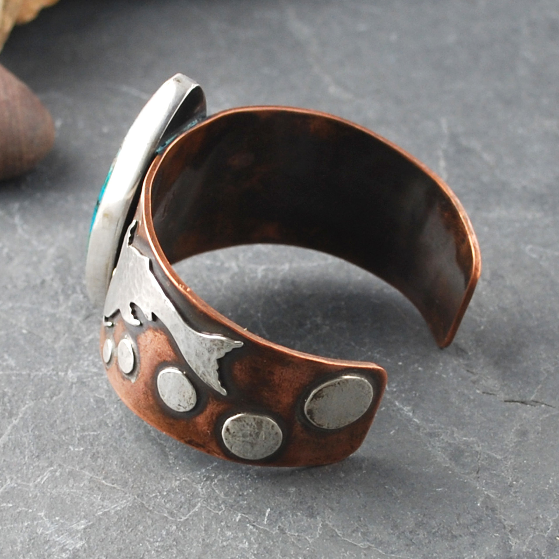 Copper Cuff with Chrysocolla, Malachite, Silver Koi side