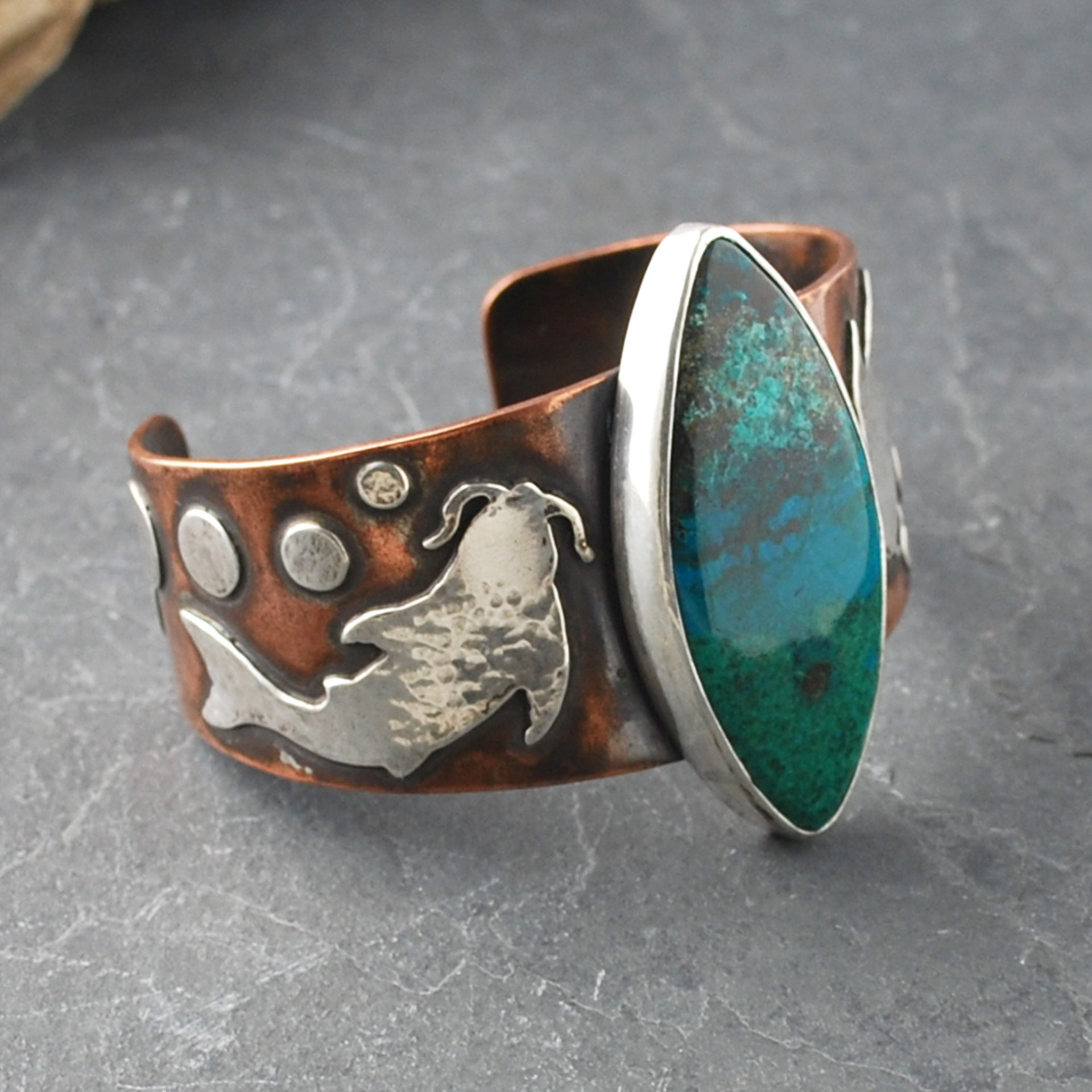 Copper Cuff with Chrysocolla, Malachite, Silver Koi side
