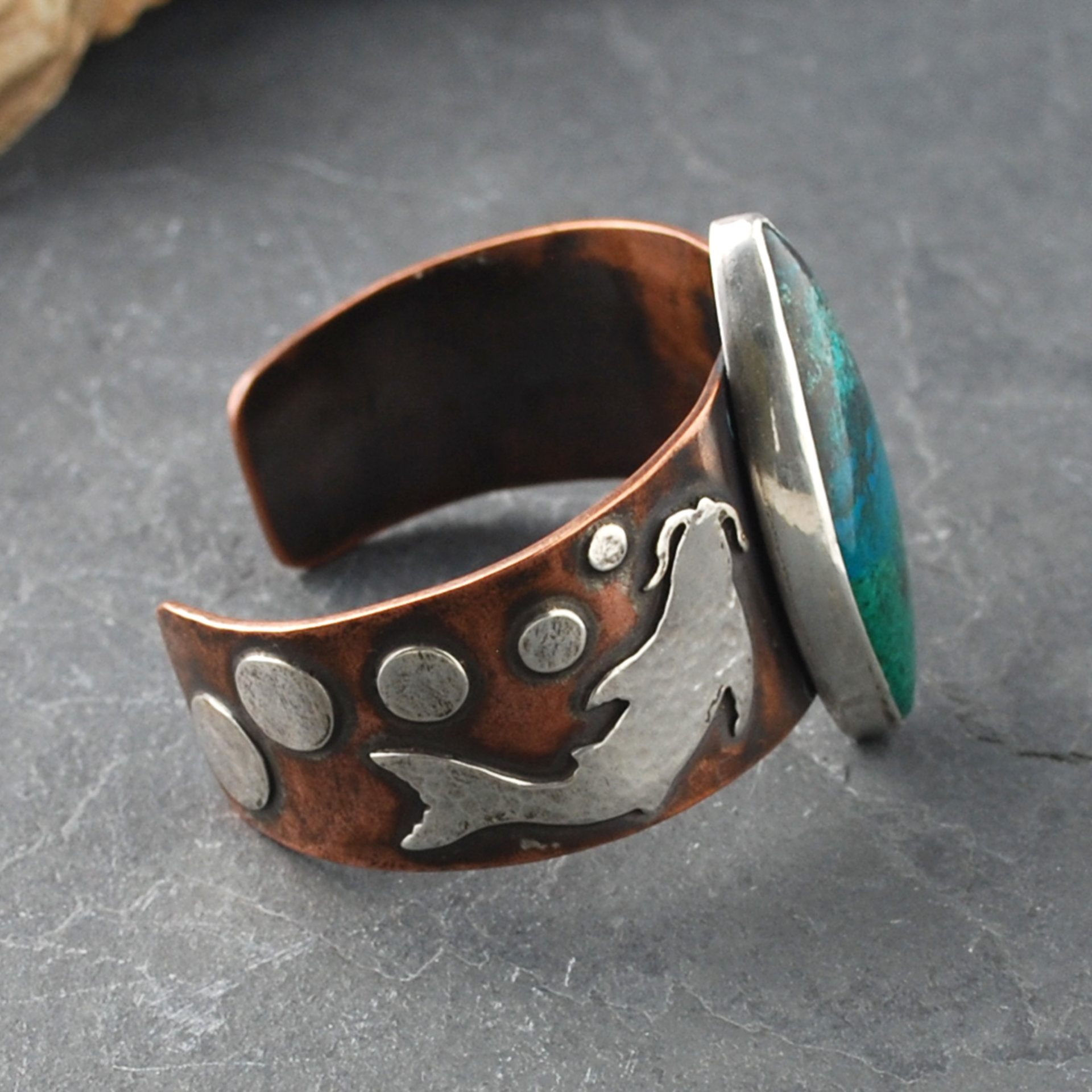 Copper Cuff with Chrysocolla, Malachite, Silver Koi side