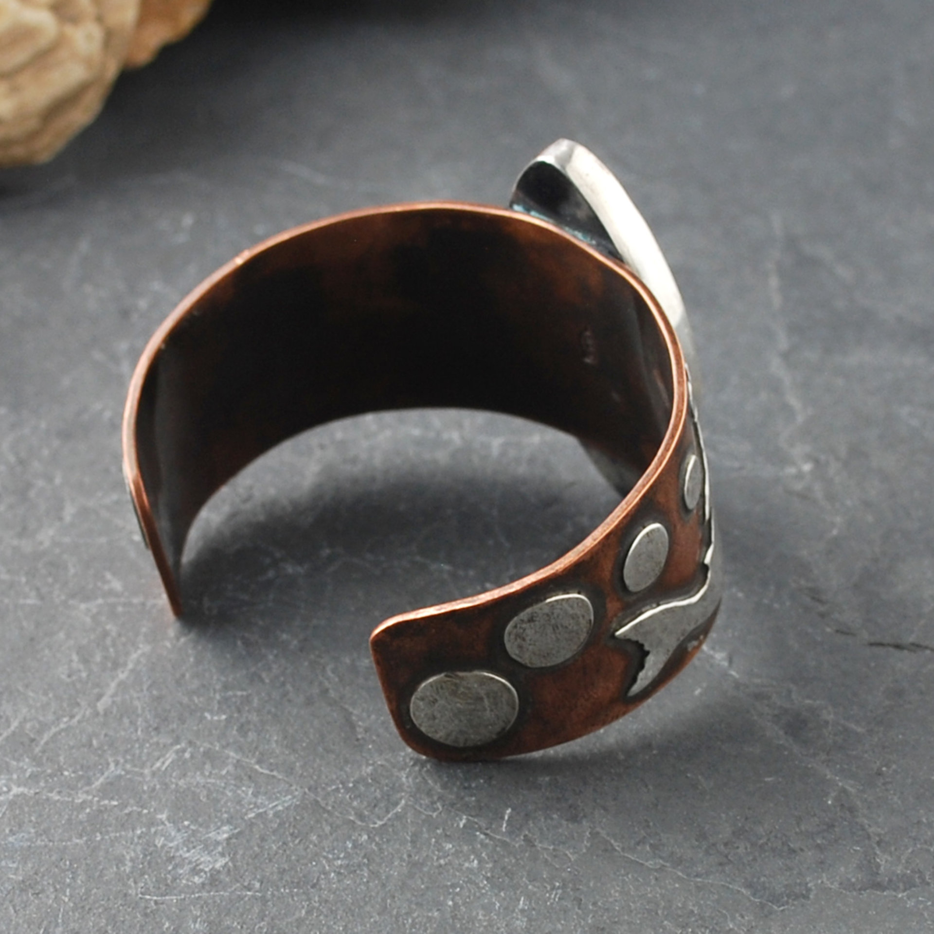 Copper Cuff with Chrysocolla, Malachite, Silver Koi side