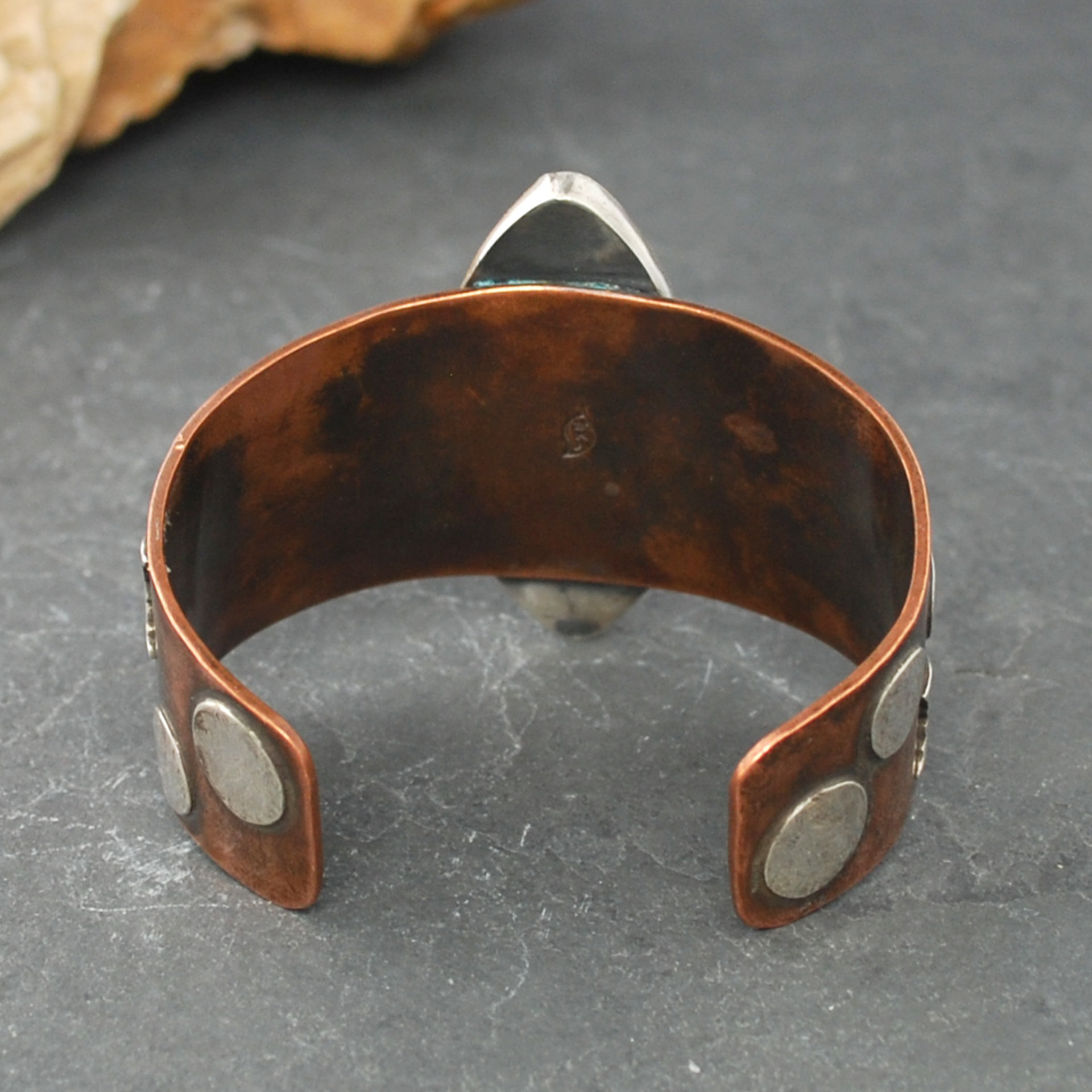 Copper Cuff with Chrysocolla, Malachite, Silver Koi inside