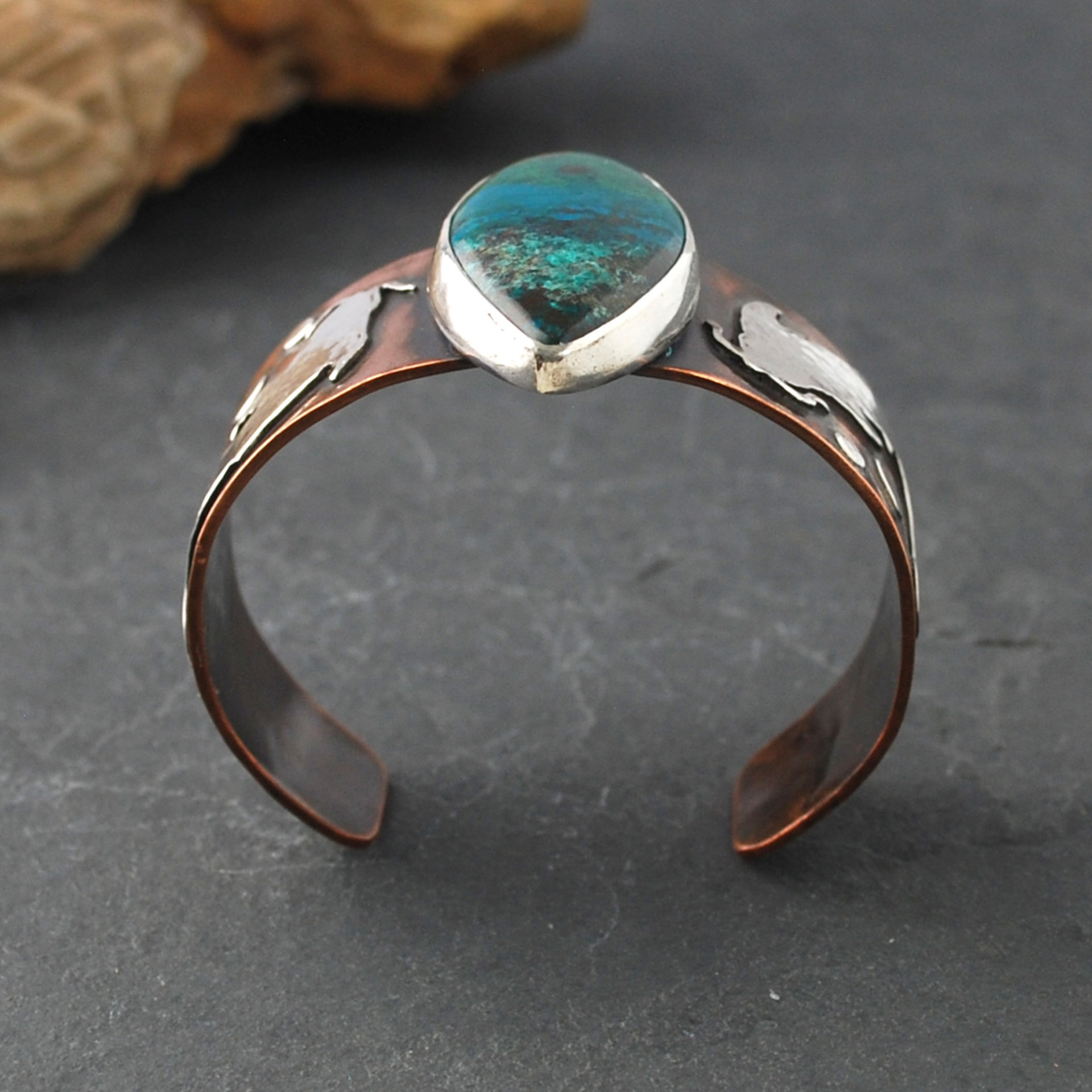 Copper Cuff with Chrysocolla, Malachite, Silver Koi side