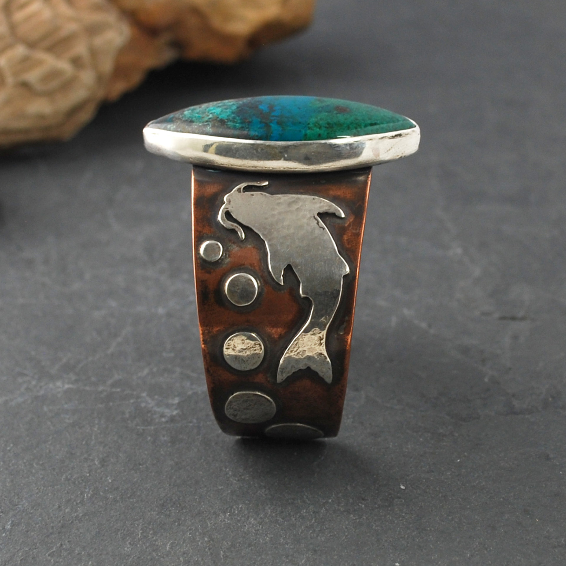 Copper Cuff with Chrysocolla, Malachite, Silver Koi side
