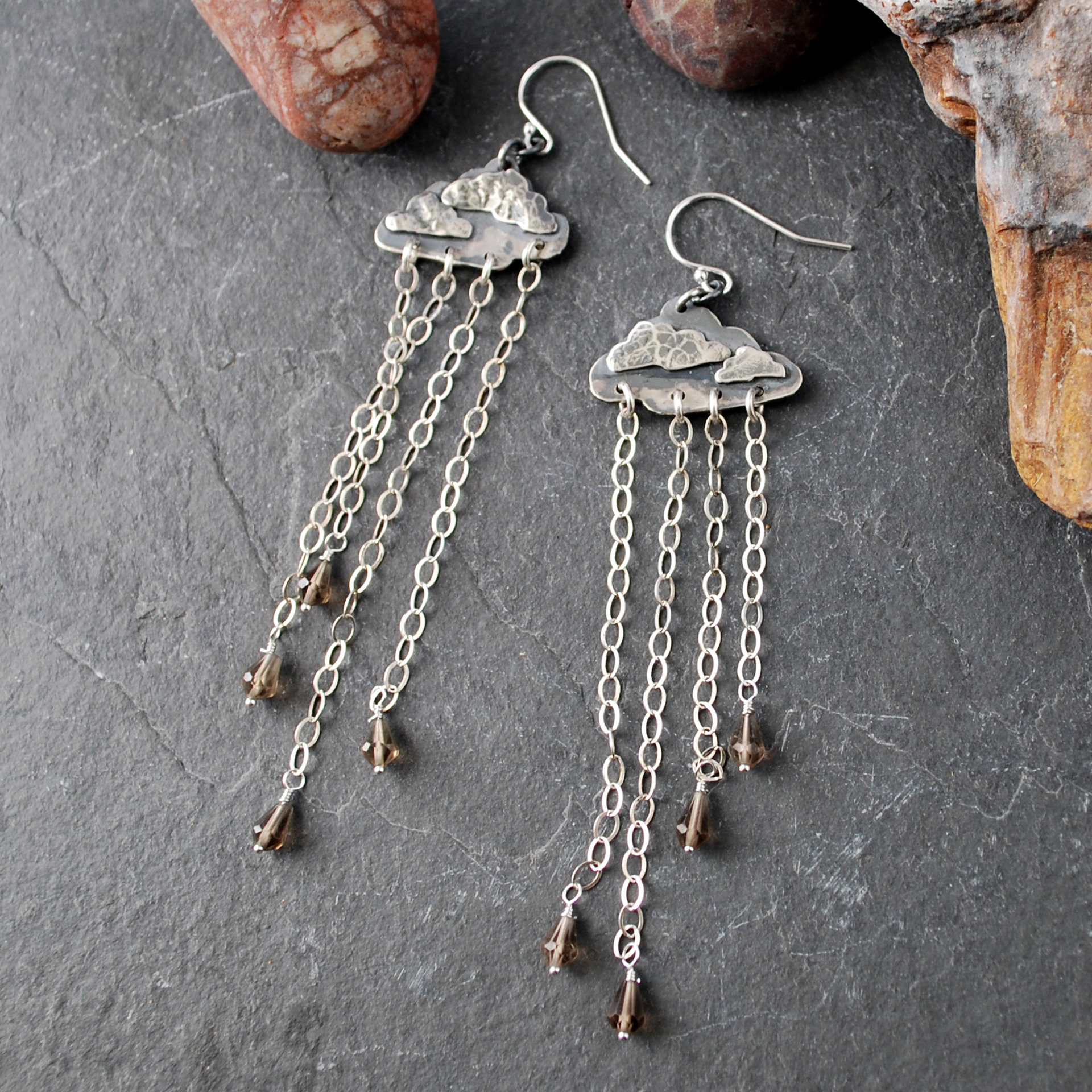 Silver Cloud Earrings with Rain, Smoky Quartz