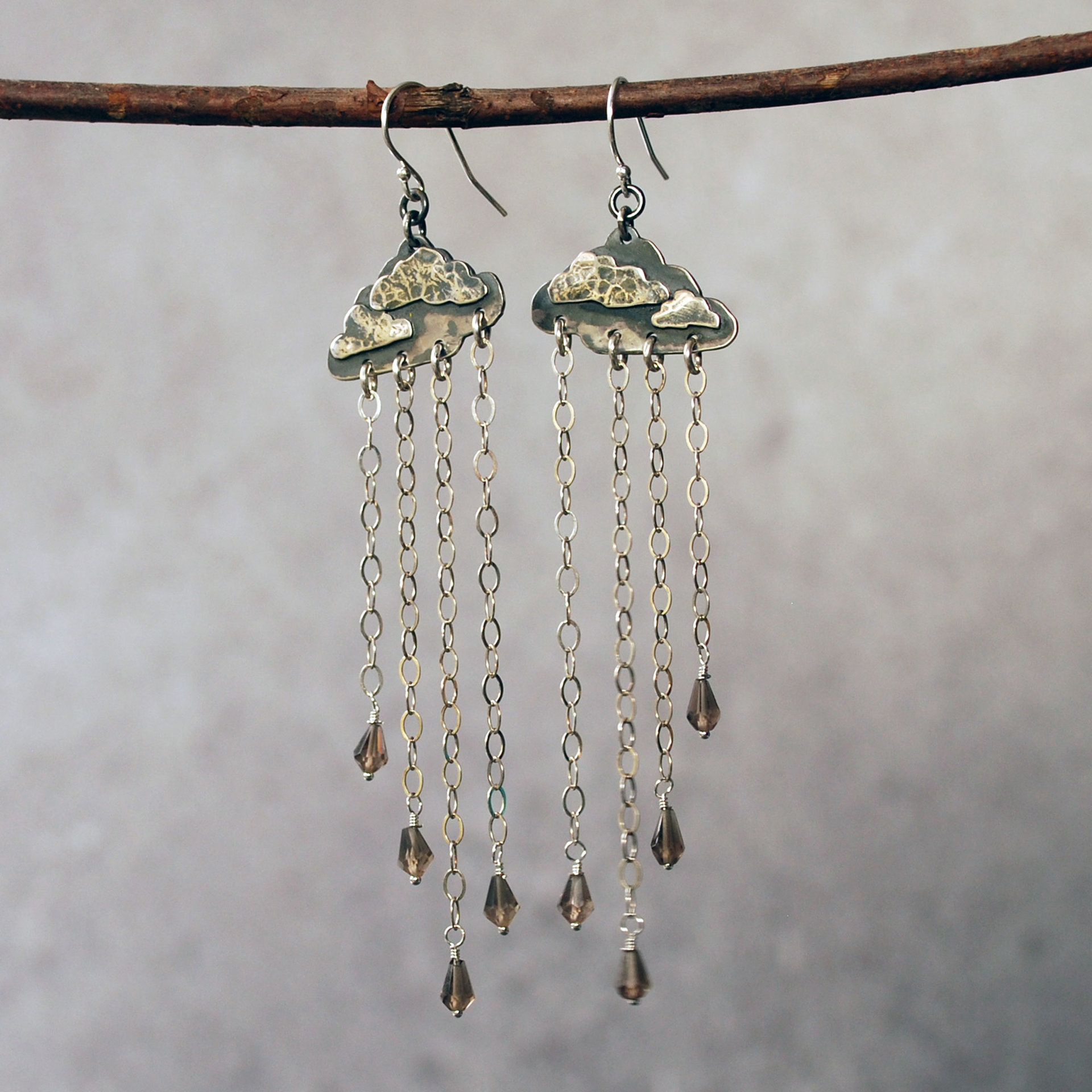 Silver Cloud Earrings with Rain, Smoky Quartz, hanging