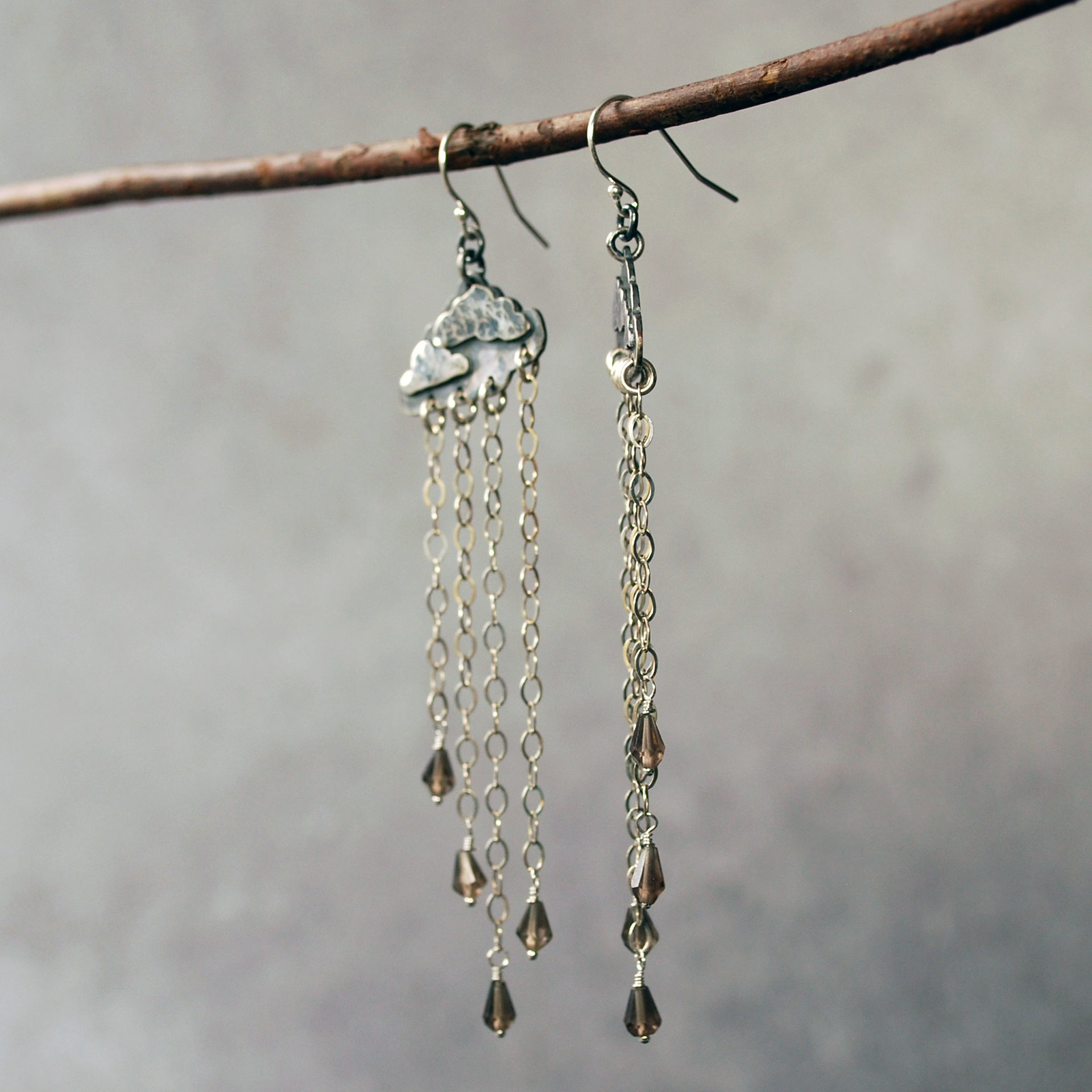 Silver Cloud Earrings with Rain, Smoky Quartz, hanging angle