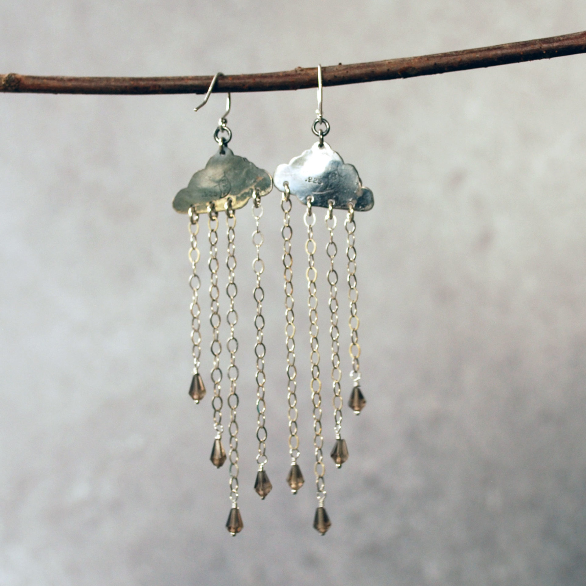 Silver Cloud Earrings with Rain, Smoky Quartz, back