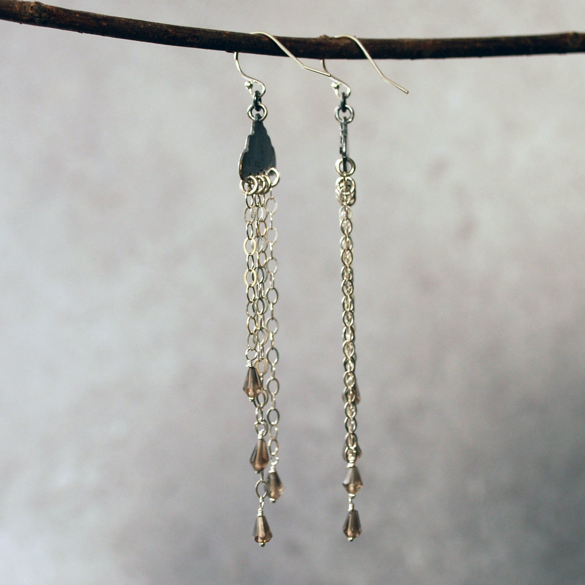 Silver Cloud Earrings with Rain, Smoky Quartz, hanging