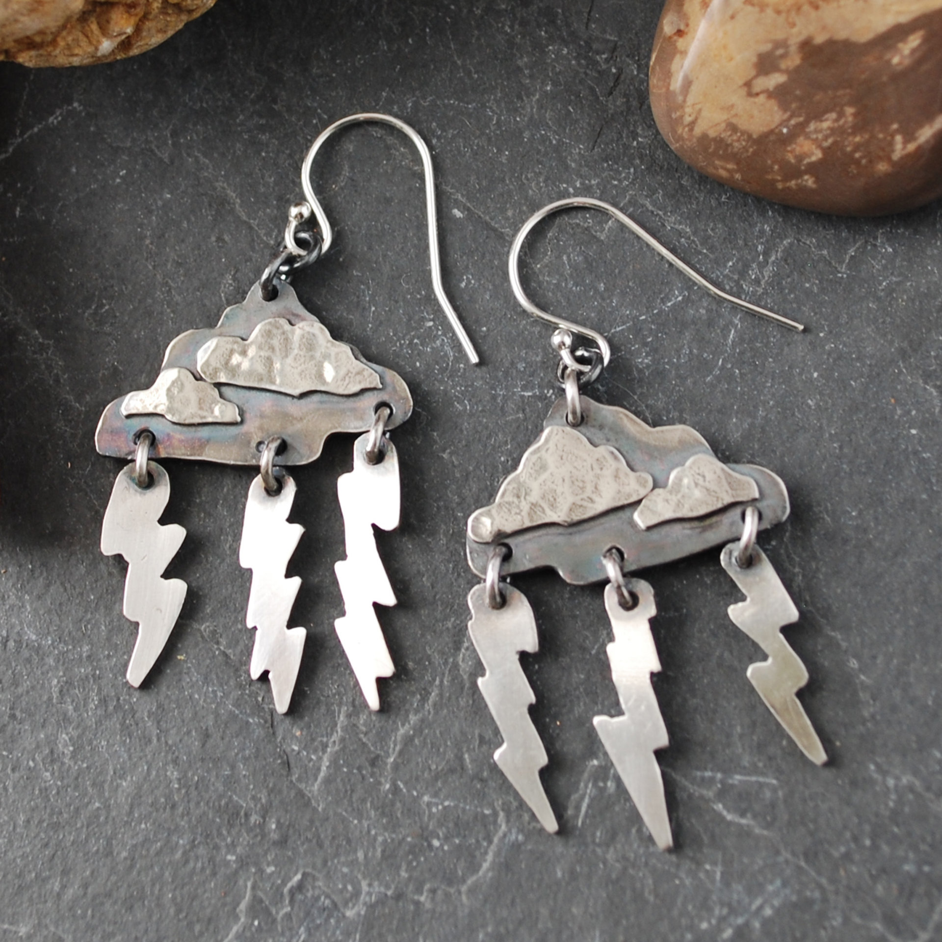 Silver Cloud Earrings with Lightning Bolts