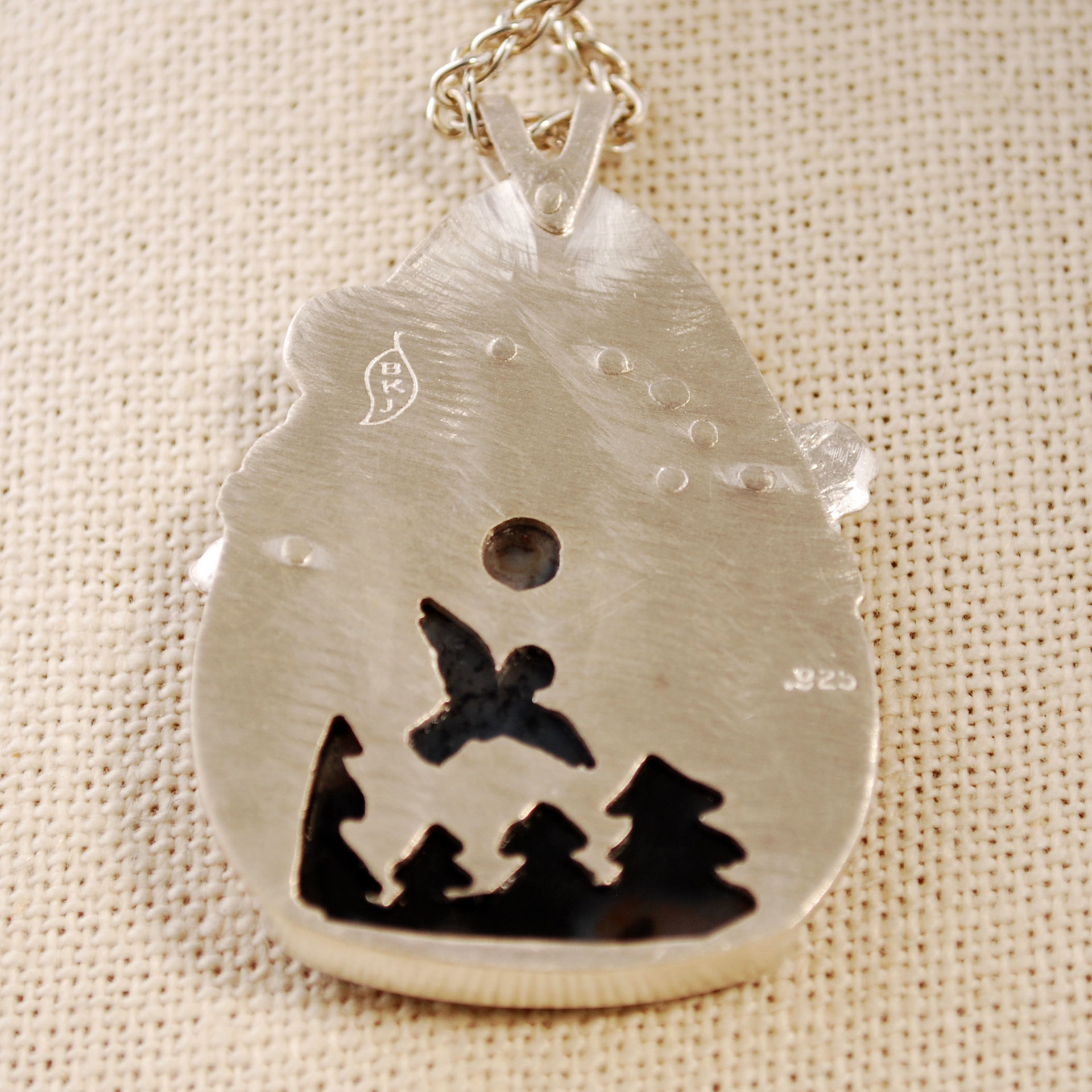 Silver Agate Pendant, Riveted Clouds closeup back
