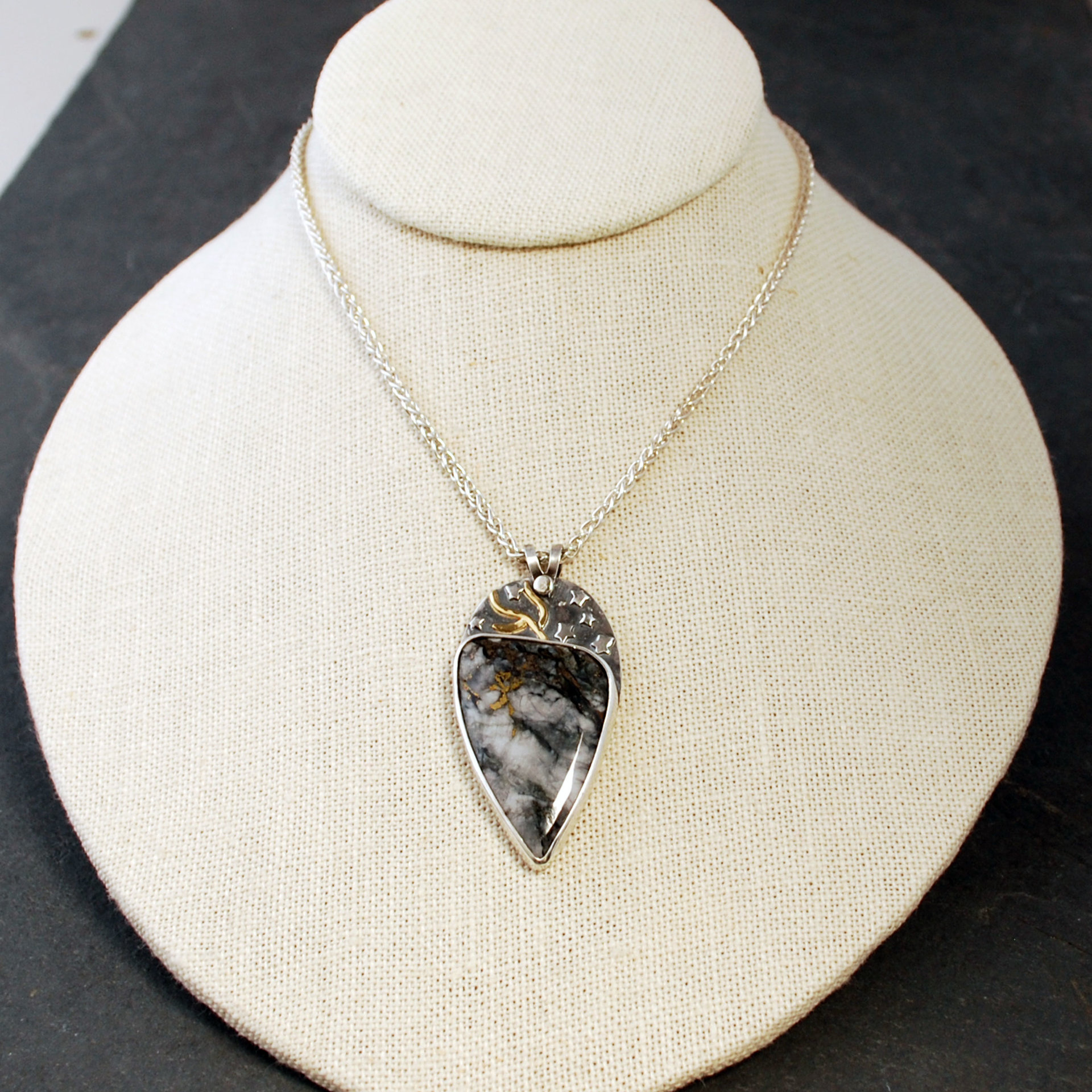 Josephine's Crown Quartz Pendant, Silver and Gold hanging