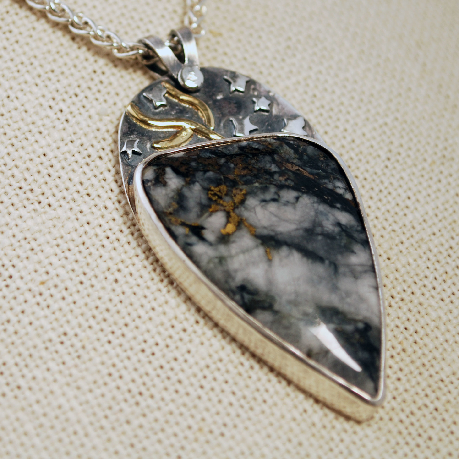Josephine's Crown Quartz Pendant, Silver and Gold close up angle