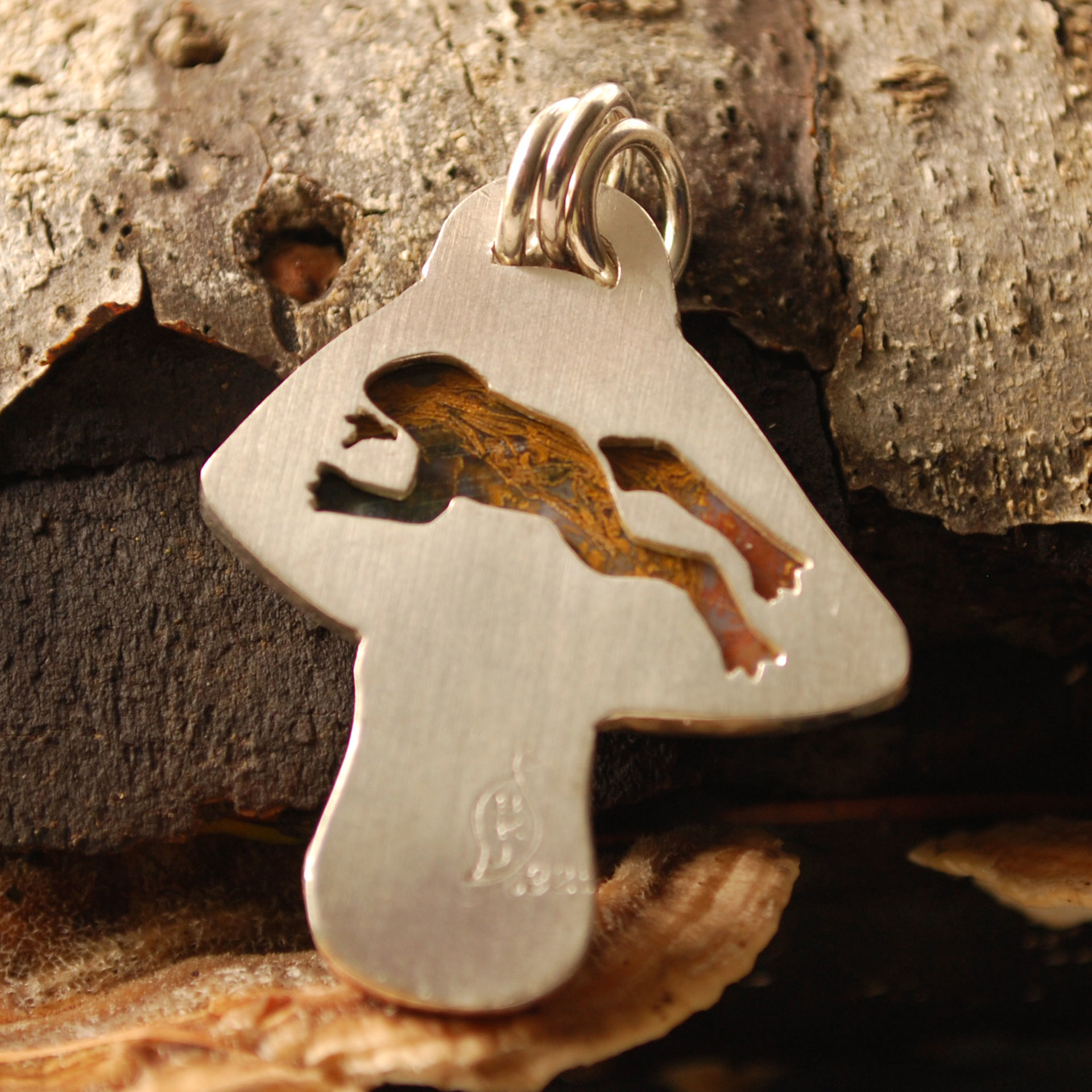 Silver, Copper Mushroom Pendant with Agate and Ladybug back